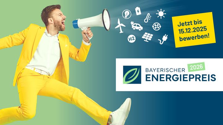 Ein Mann mit einem Megafon und Icons zu verschiedenen Energiethemen. Dazu der Zusatz, jetzt bis 15.12.2025 bewerben