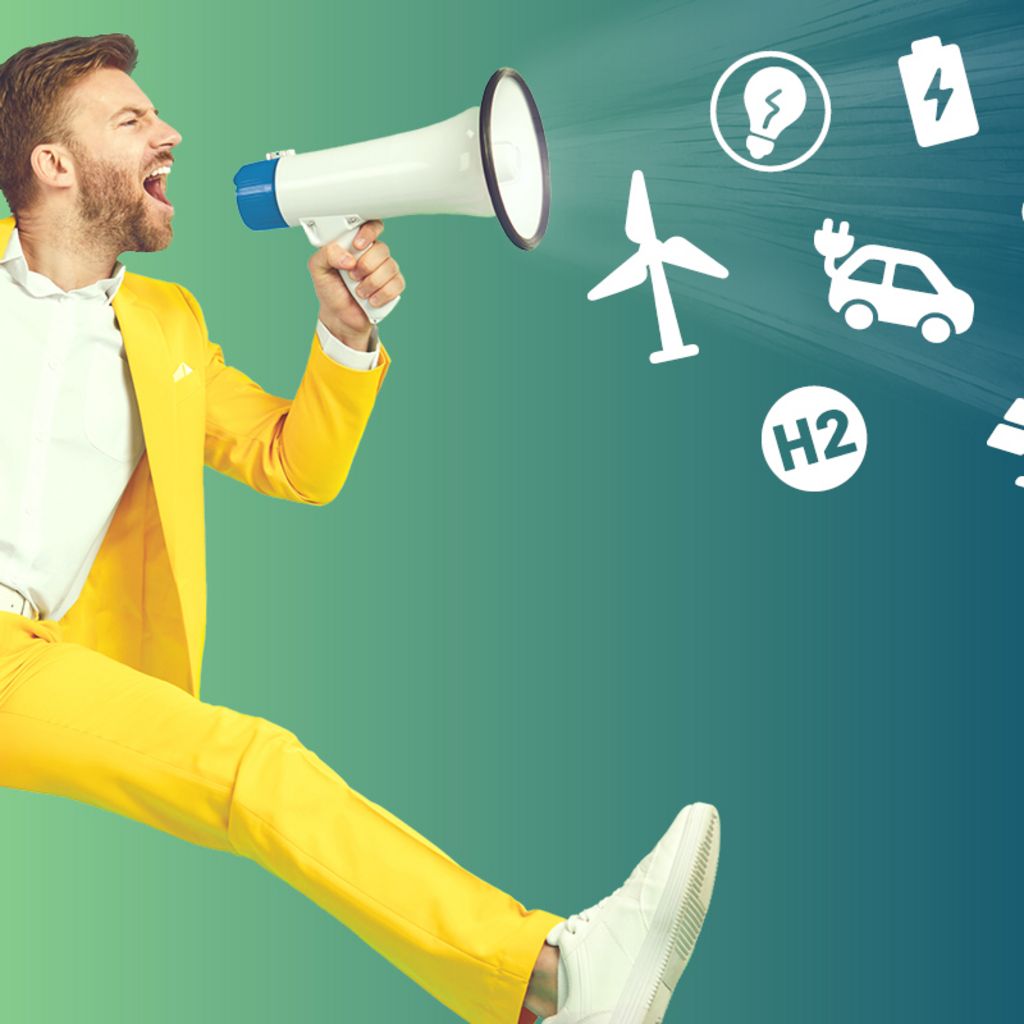 Ein Mann mit einem Megafon und Icons zu verschiedenen Energiethemen.